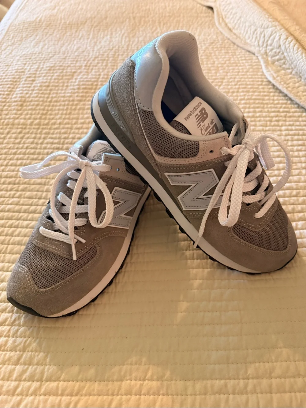 New Balance 574 Taupe Gray and White Mesh Suede Sneakers